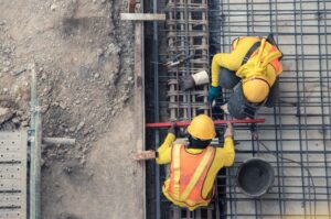 An aerial view of construction workers.